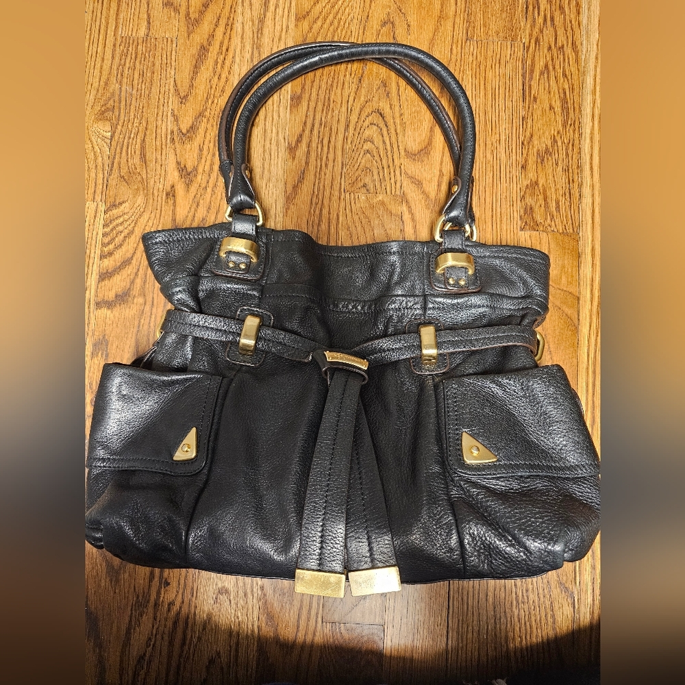 B makowsy Genuine Black Leather Shoulder Bag with Gold Hardware